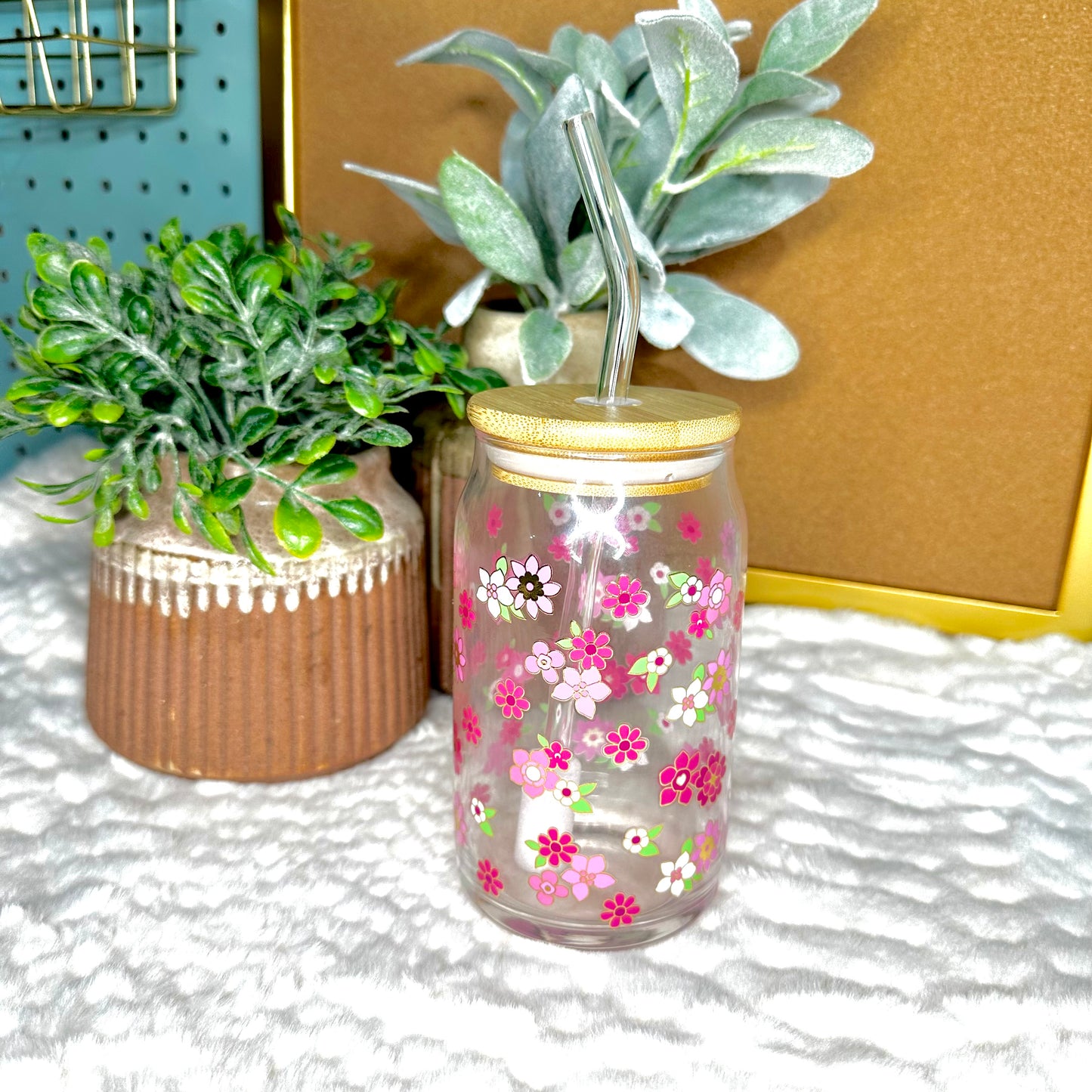 Floral Glass Cup with Lid and Straw